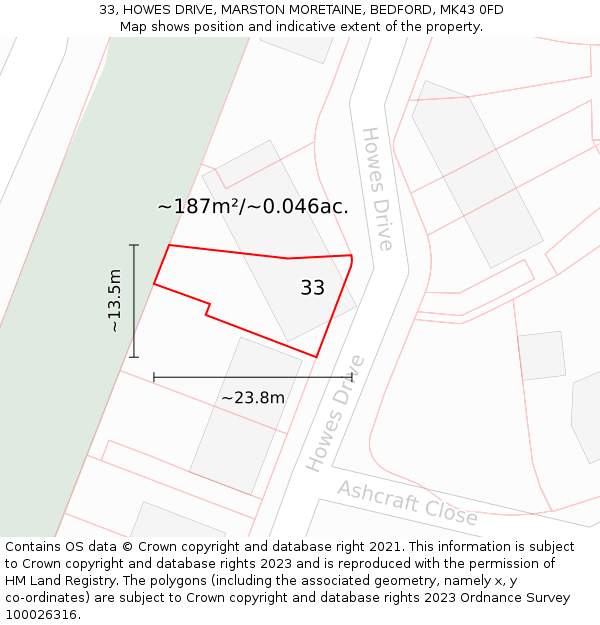 33, HOWES DRIVE, MARSTON MORETAINE, BEDFORD, MK43 0FD: Plot and title map