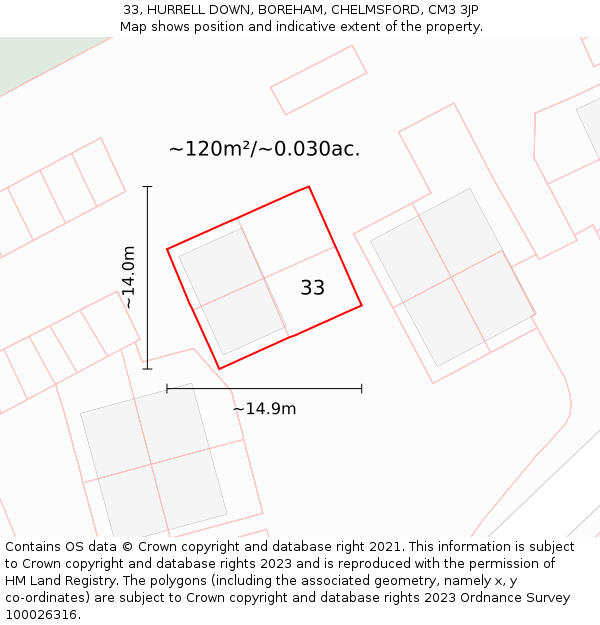 33, HURRELL DOWN, BOREHAM, CHELMSFORD, CM3 3JP: Plot and title map