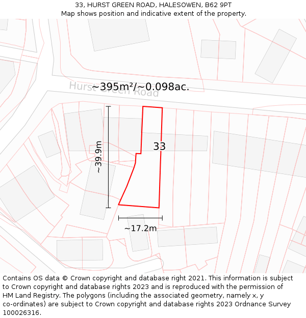 33, HURST GREEN ROAD, HALESOWEN, B62 9PT: Plot and title map