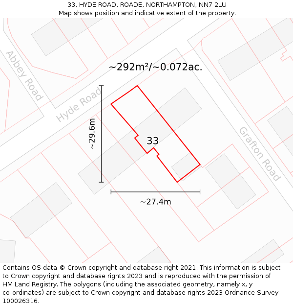 33, HYDE ROAD, ROADE, NORTHAMPTON, NN7 2LU: Plot and title map