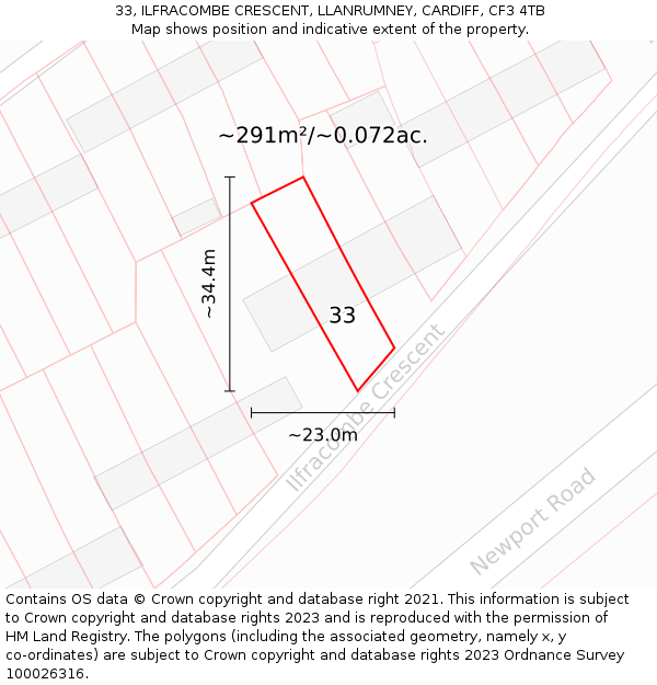 33, ILFRACOMBE CRESCENT, LLANRUMNEY, CARDIFF, CF3 4TB: Plot and title map