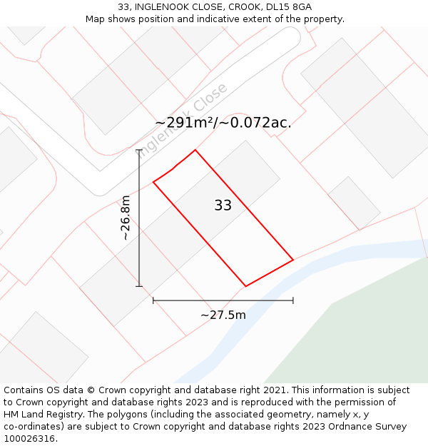 33, INGLENOOK CLOSE, CROOK, DL15 8GA: Plot and title map