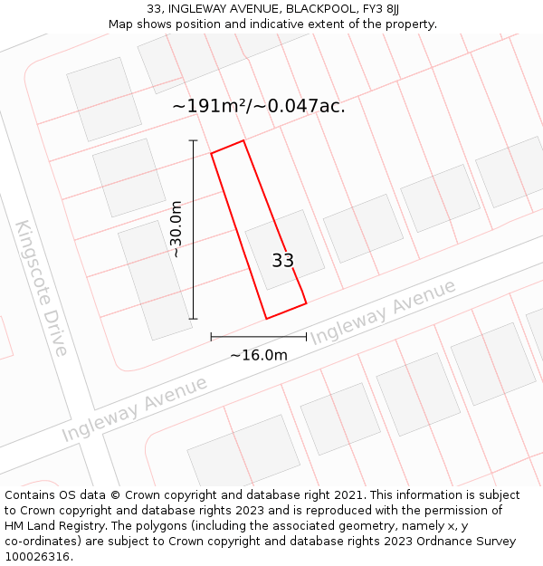 33, INGLEWAY AVENUE, BLACKPOOL, FY3 8JJ: Plot and title map