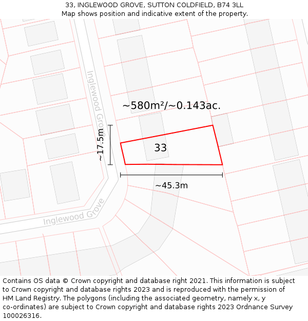 33, INGLEWOOD GROVE, SUTTON COLDFIELD, B74 3LL: Plot and title map