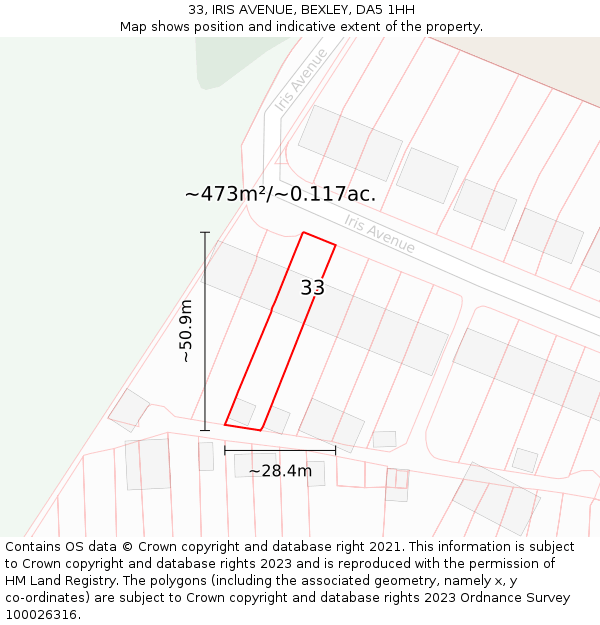 33, IRIS AVENUE, BEXLEY, DA5 1HH: Plot and title map