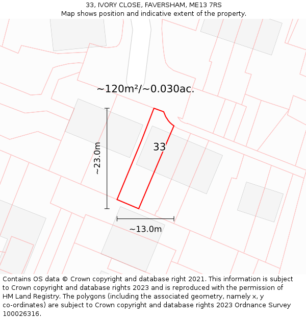 33, IVORY CLOSE, FAVERSHAM, ME13 7RS: Plot and title map
