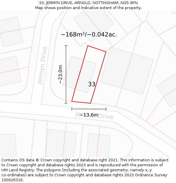 33, JERMYN DRIVE, ARNOLD, NOTTINGHAM, NG5 9PN: Plot and title map