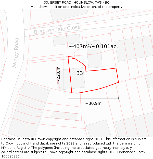 33, JERSEY ROAD, HOUNSLOW, TW3 4BQ: Plot and title map