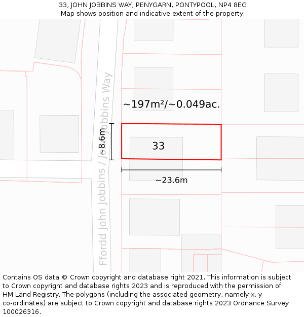33, JOHN JOBBINS WAY, PENYGARN, PONTYPOOL, NP4 8EG: Plot and title map