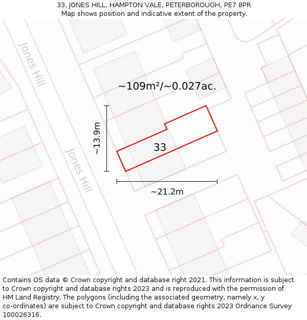 33, JONES HILL, HAMPTON VALE, PETERBOROUGH, PE7 8PR: Plot and title map