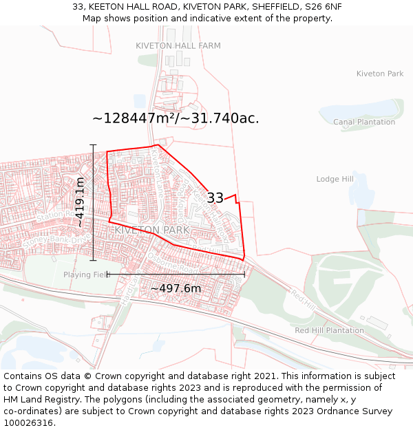 33, KEETON HALL ROAD, KIVETON PARK, SHEFFIELD, S26 6NF: Plot and title map
