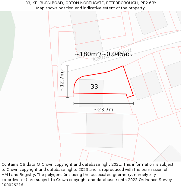 33, KELBURN ROAD, ORTON NORTHGATE, PETERBOROUGH, PE2 6BY: Plot and title map