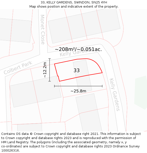 33, KELLY GARDENS, SWINDON, SN25 4YH: Plot and title map