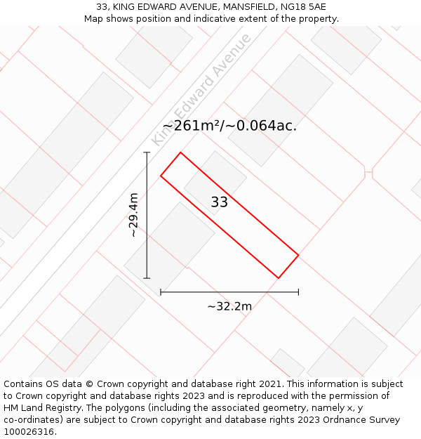 33, KING EDWARD AVENUE, MANSFIELD, NG18 5AE: Plot and title map