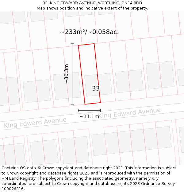 33, KING EDWARD AVENUE, WORTHING, BN14 8DB: Plot and title map