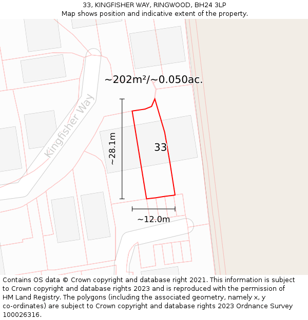 33, KINGFISHER WAY, RINGWOOD, BH24 3LP: Plot and title map