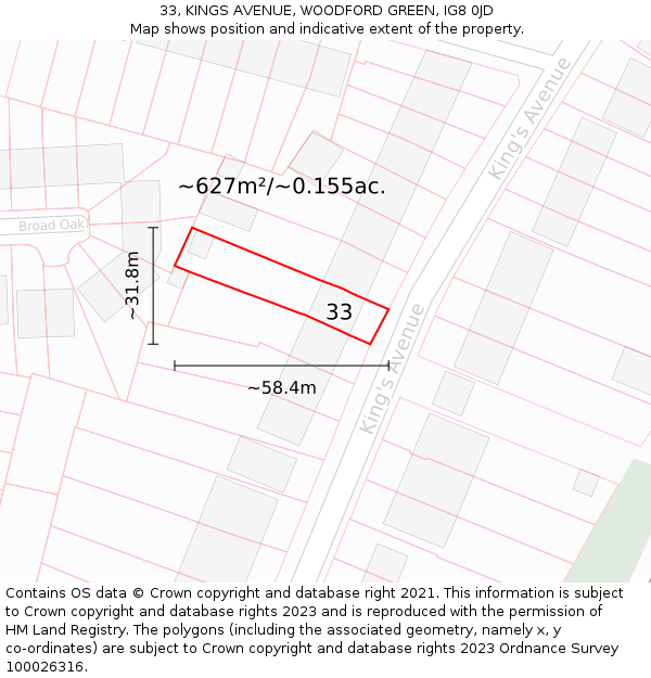 33, KINGS AVENUE, WOODFORD GREEN, IG8 0JD: Plot and title map