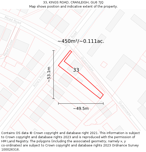33, KINGS ROAD, CRANLEIGH, GU6 7JQ: Plot and title map