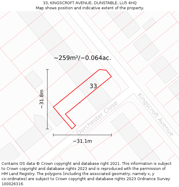 33, KINGSCROFT AVENUE, DUNSTABLE, LU5 4HQ: Plot and title map