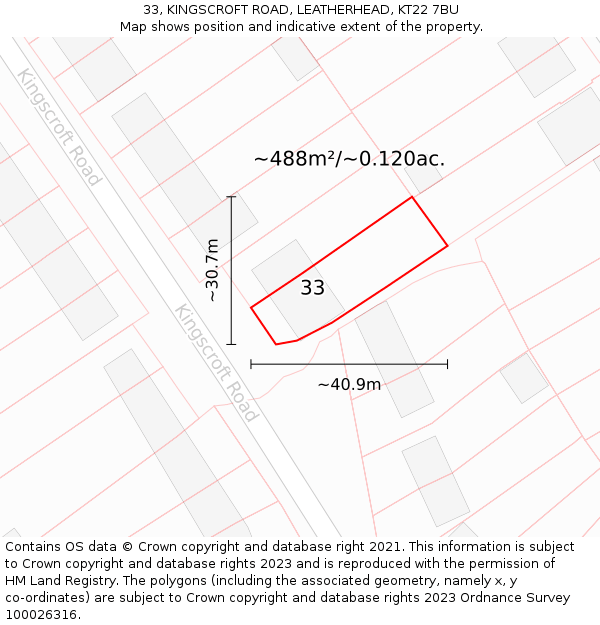 33, KINGSCROFT ROAD, LEATHERHEAD, KT22 7BU: Plot and title map