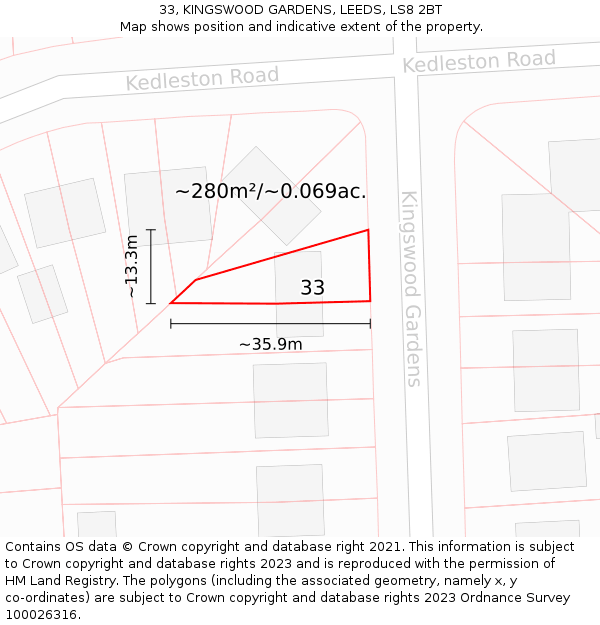 33, KINGSWOOD GARDENS, LEEDS, LS8 2BT: Plot and title map