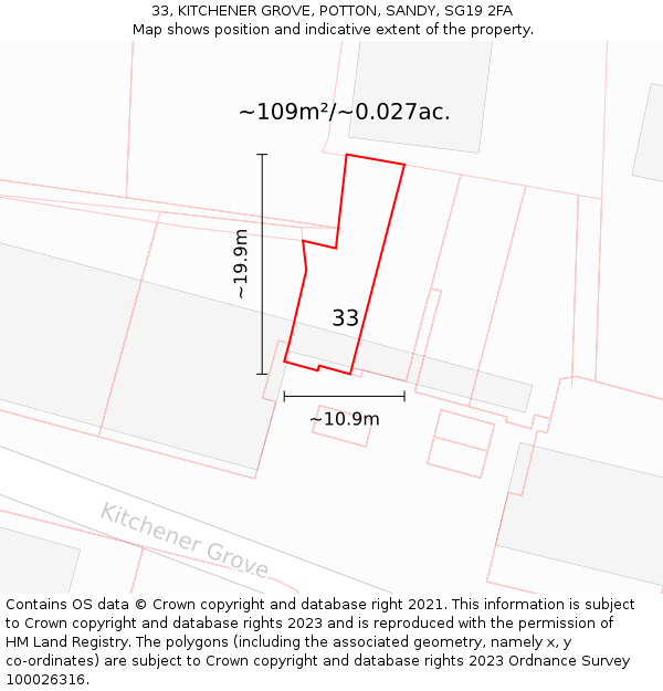 33, KITCHENER GROVE, POTTON, SANDY, SG19 2FA: Plot and title map