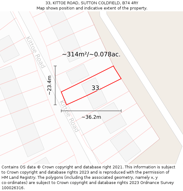33, KITTOE ROAD, SUTTON COLDFIELD, B74 4RY: Plot and title map