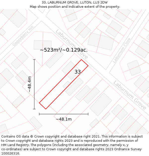 33, LABURNUM GROVE, LUTON, LU3 2DW: Plot and title map