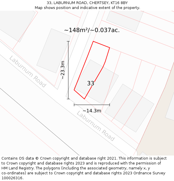 33, LABURNUM ROAD, CHERTSEY, KT16 8BY: Plot and title map