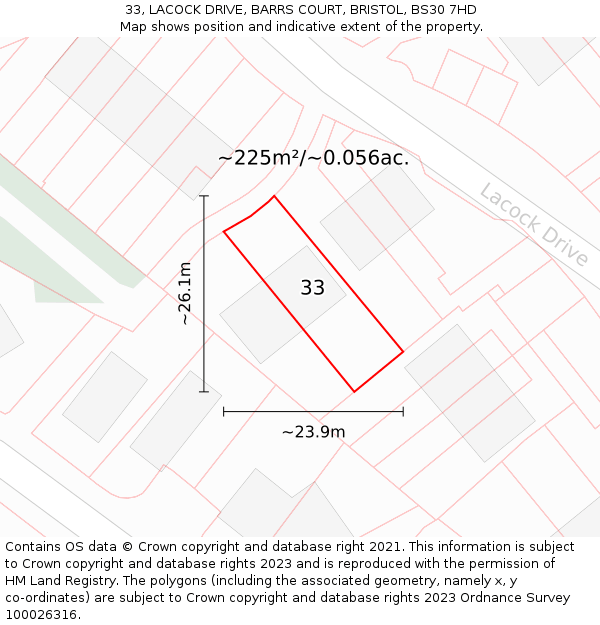 33, LACOCK DRIVE, BARRS COURT, BRISTOL, BS30 7HD: Plot and title map