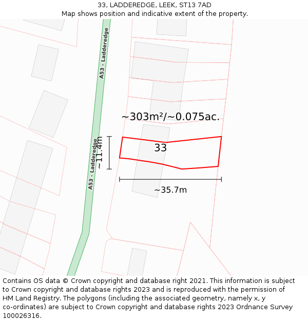 33, LADDEREDGE, LEEK, ST13 7AD: Plot and title map
