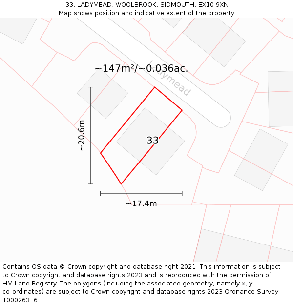 33, LADYMEAD, WOOLBROOK, SIDMOUTH, EX10 9XN: Plot and title map