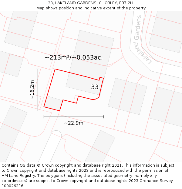 33, LAKELAND GARDENS, CHORLEY, PR7 2LL: Plot and title map