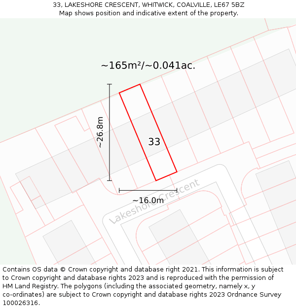 33, LAKESHORE CRESCENT, WHITWICK, COALVILLE, LE67 5BZ: Plot and title map