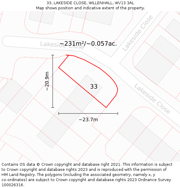 33, LAKESIDE CLOSE, WILLENHALL, WV13 3AL: Plot and title map