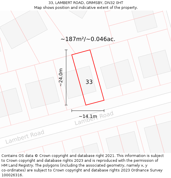 33, LAMBERT ROAD, GRIMSBY, DN32 0HT: Plot and title map