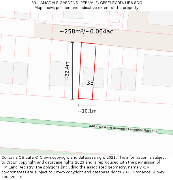 33, LANGDALE GARDENS, PERIVALE, GREENFORD, UB6 8DG: Plot and title map