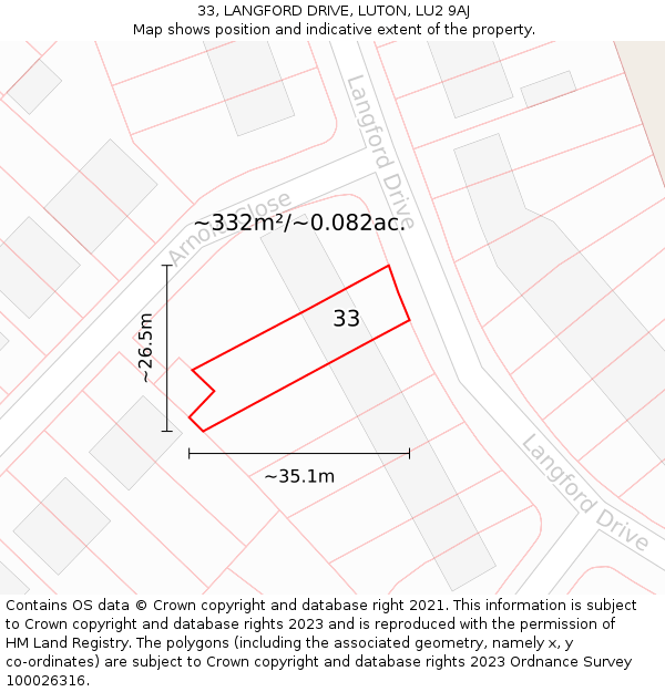 33, LANGFORD DRIVE, LUTON, LU2 9AJ: Plot and title map