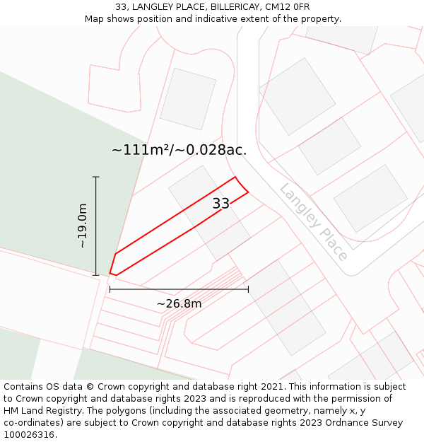 33, LANGLEY PLACE, BILLERICAY, CM12 0FR: Plot and title map