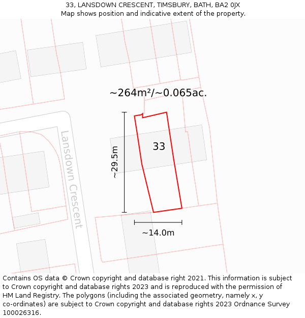 33, LANSDOWN CRESCENT, TIMSBURY, BATH, BA2 0JX: Plot and title map