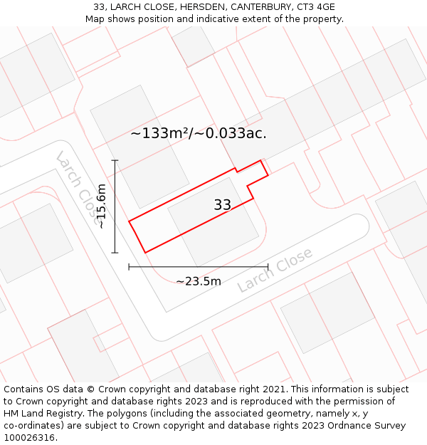 33, LARCH CLOSE, HERSDEN, CANTERBURY, CT3 4GE: Plot and title map