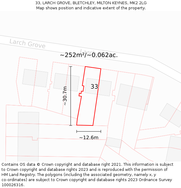 33, LARCH GROVE, BLETCHLEY, MILTON KEYNES, MK2 2LG: Plot and title map