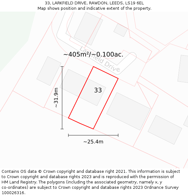 33, LARKFIELD DRIVE, RAWDON, LEEDS, LS19 6EL: Plot and title map