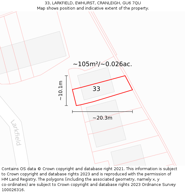 33, LARKFIELD, EWHURST, CRANLEIGH, GU6 7QU: Plot and title map