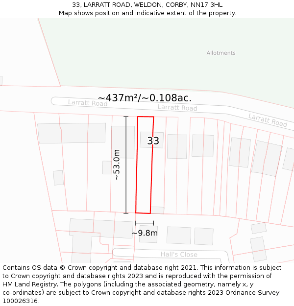33, LARRATT ROAD, WELDON, CORBY, NN17 3HL: Plot and title map