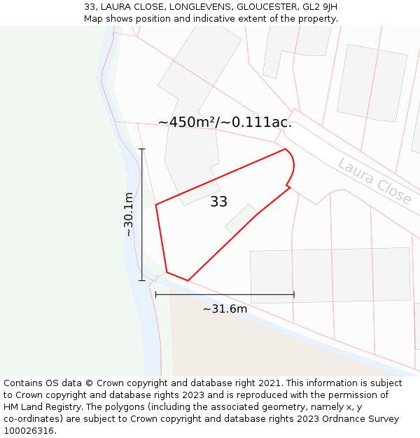 33, LAURA CLOSE, LONGLEVENS, GLOUCESTER, GL2 9JH: Plot and title map