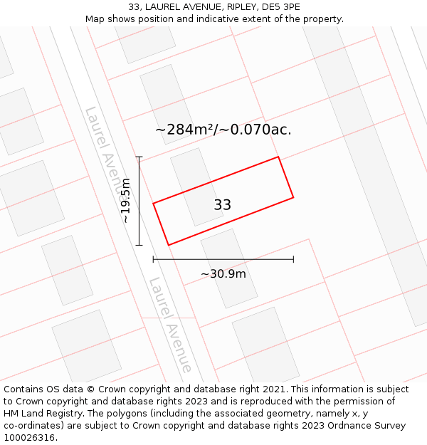 33, LAUREL AVENUE, RIPLEY, DE5 3PE: Plot and title map