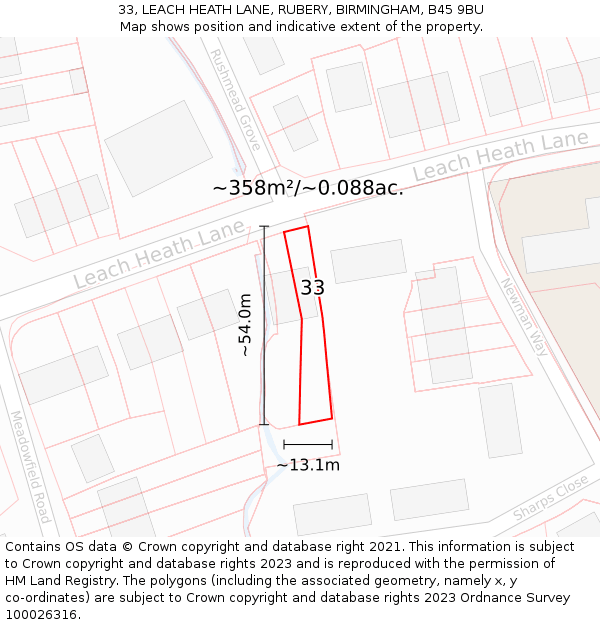 33, LEACH HEATH LANE, RUBERY, BIRMINGHAM, B45 9BU: Plot and title map