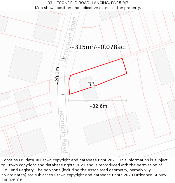 33, LECONFIELD ROAD, LANCING, BN15 9JB: Plot and title map