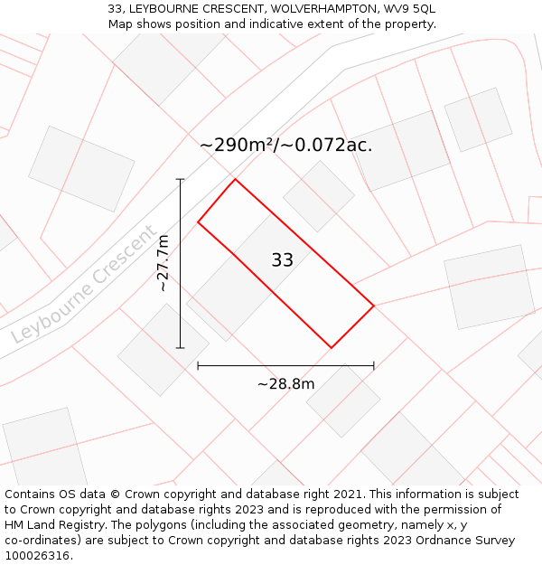 33, LEYBOURNE CRESCENT, WOLVERHAMPTON, WV9 5QL: Plot and title map
